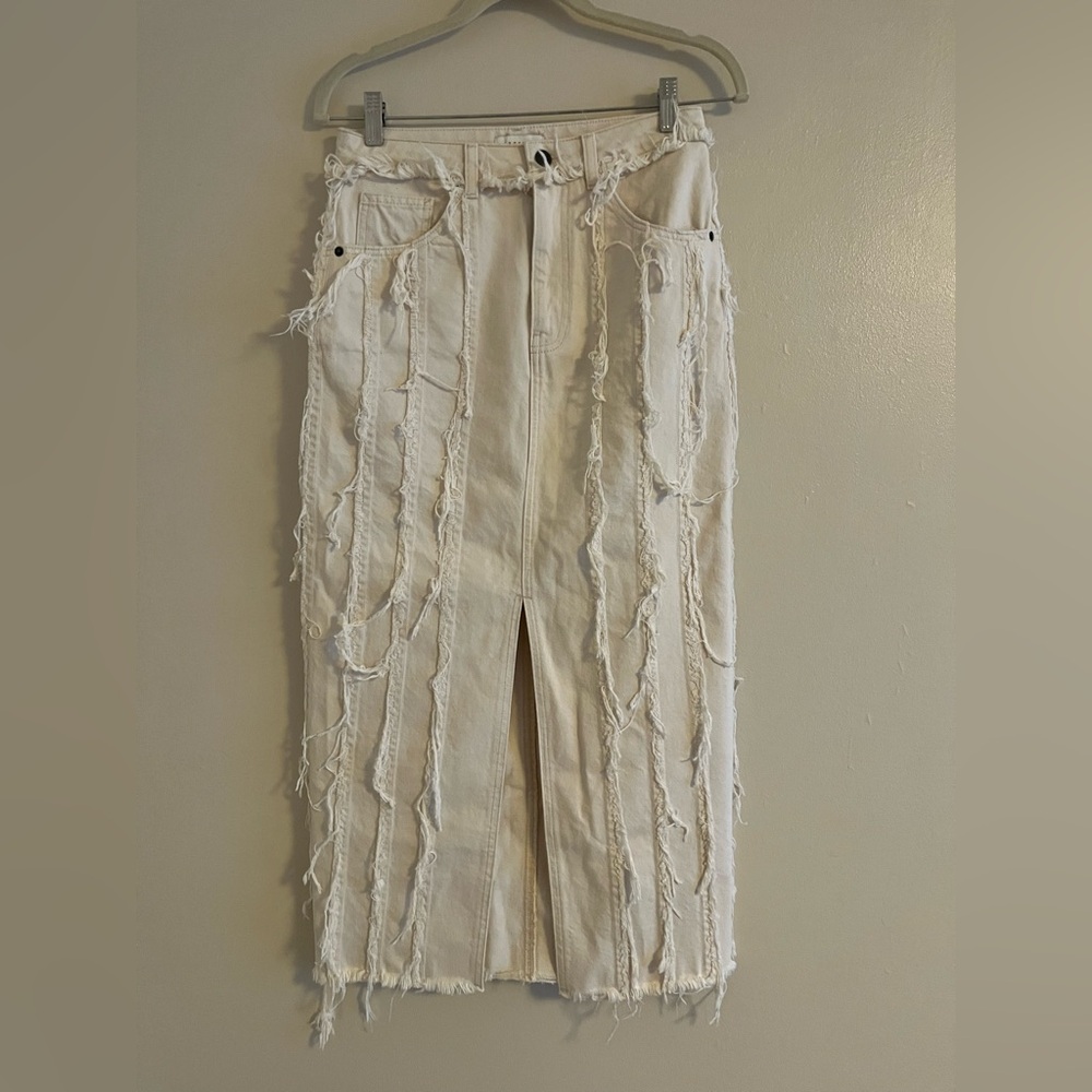 Topshop Cream Distressed Fringe Denim Skirt